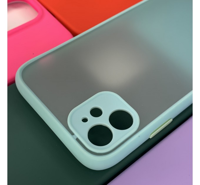 Задняя крышка Iphone 11 матово-прозрачная, с защитой камеры, цветные кнопки, бирюзовый