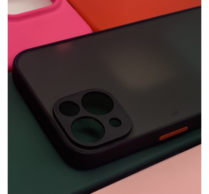 Задняя крышка Iphone 13 матово-прозрачная, с защитой камеры, цветные кнопки, черный