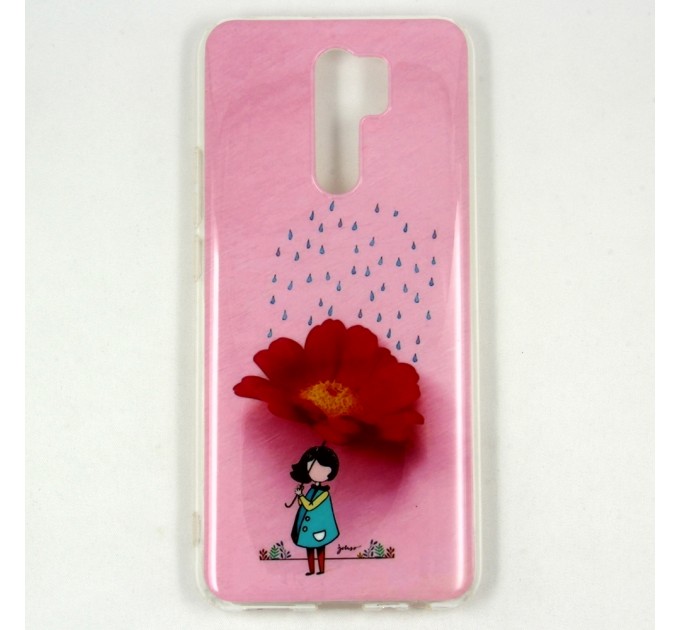 Силиконовый чехол Redmi 9 прозрачный борт, девочка с цветком