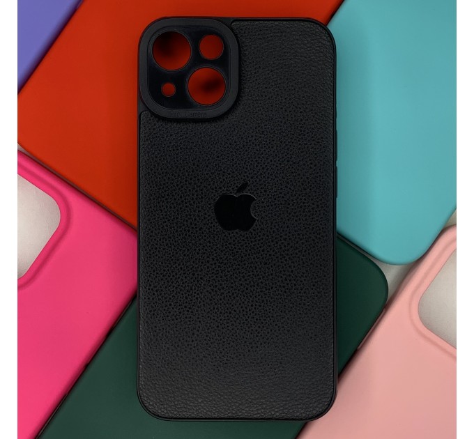 Силиконовый чехол Iphone 14 под кожу, с логотипом, черный борт, черный