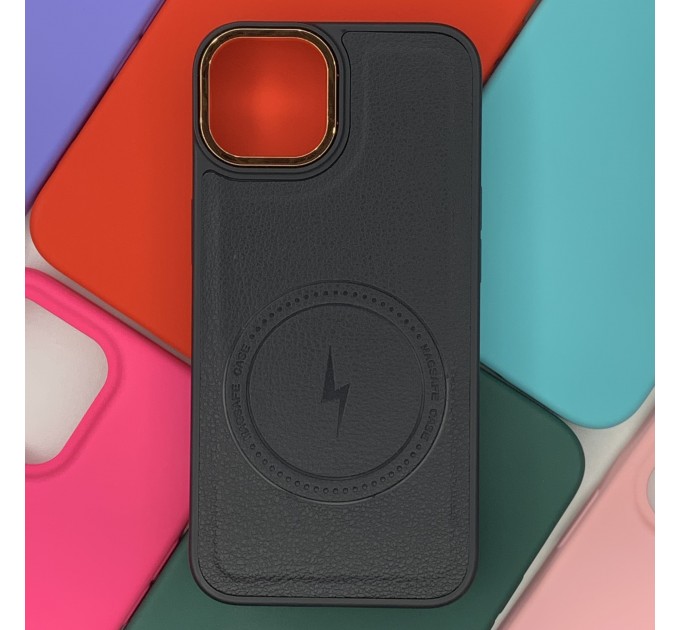 Задняя крышка Iphone 14 под кожу MagSafe Case с металлической окантовкой камеры, черная