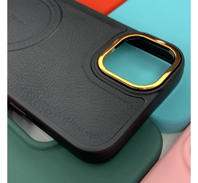 Задняя крышка Iphone 14 под кожу MagSafe Case с металлической окантовкой камеры, черная